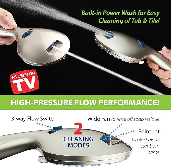 Hotel Spa AquaCare As-Seen-On-TV High Pressure 48-setting Rain & Handheld 3-way Shower Head Combo - Anti-clog Nozzles/Tub, Tile & Pet Power Wash/Extra Long 6 ft. Hose/All Chrome Finish