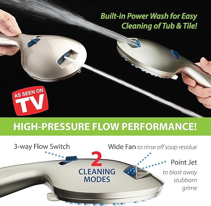 Hotel Spa AquaCare As-Seen-On-TV High Pressure 48-setting Rain & Handheld 3-way Shower Head Combo - Anti-clog Nozzles/Tub, Tile & Pet Power Wash/Extra Long 6 ft. Hose/Satin Nickel Finish
