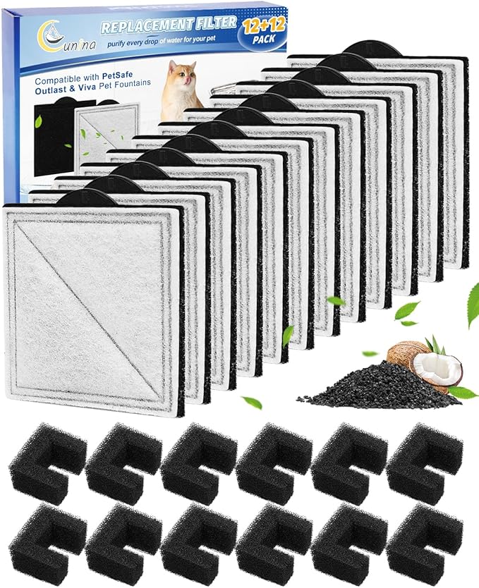 12+12 Pack Pet Water Fountain Filter Kit Fit for Viva Pet Water Fountains for Cats and Dogs, Replacement Carbon Filters Compatible with PetSafe Outlast Fountain