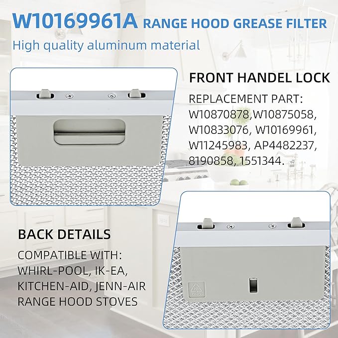 10.5x12 Inch W10169961A Range Hood Aluminum Mesh Filter Fit for Whirl-pool, Ik-ea, Kitchen-Aid, Jenn-Air Replace W10870878, W10875058, W10833076, W10169961, W11245983 by Fetechmate 3 Pack