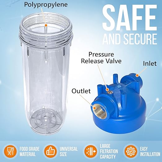 10 Inches European Design Transparent Standard Whole House Water Filter System with Presser Relief Valve, 3/4” Inlet/Outlet Brass Port and Yearly Supply (3) Block Activated Carbon Cartridges 5 Micron