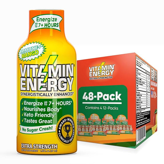 Vitamin Energy Immune+ Extra Strength Energy Shot Mango 48 Pack, 260mg Natural Caffeine, B-Vitamins, Citicoline, Green Tea, Immunity & Focus Support, Zero Sugar, Gluten-Free 1.93 fl oz