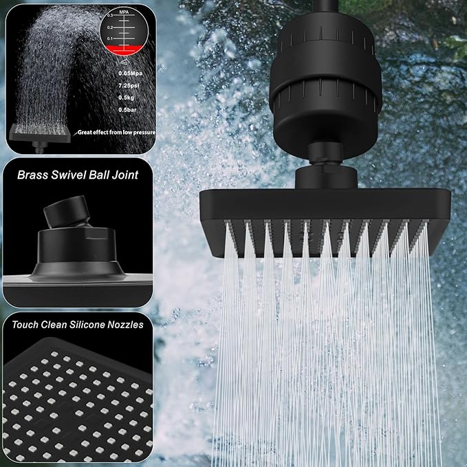 Voolan Filtered Shower Head - 20 Stage Luxury Rain Shower Filter For Hard Water for Remove Chlorine and Harmful Substances - 6" Square High Pressure Rainfall Showerhead (Matte Black)