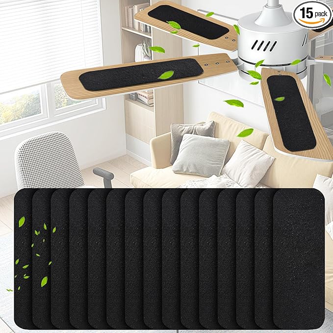 15-Pack Ceiling Fan Filters for Blades – Activated Coconut Shell Carbon Ceiling Fan Blade Filters, Odor, and Pet Dander – Universal Fit Stick-On Fan Filter Pads for Cleaner Indoor Air, Unscented
