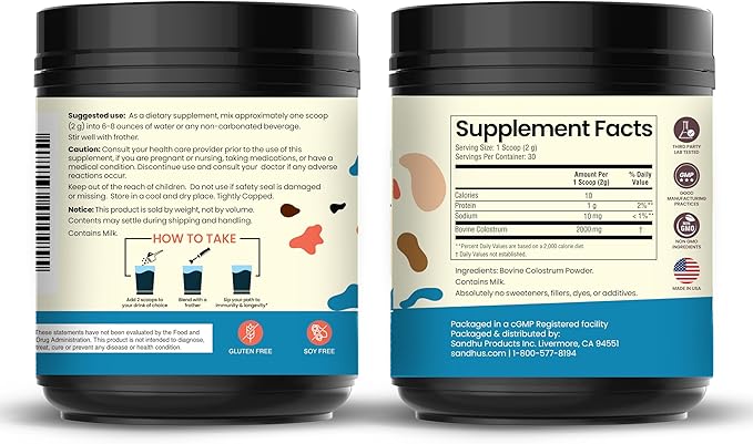 Sandhu's Grass Fed Bovine Colostrum Powder for Humans, Adults | 30 Servings (Pack of 1) Cows Supplement | High IgG for Gut Health | Immunity & Muscle Recovery Support | Unflavored | for Men & Women