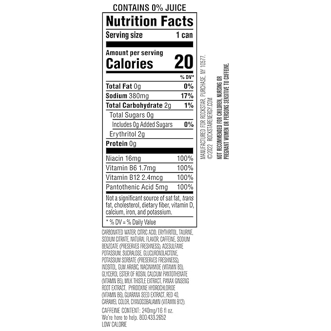 Rockstar Pure Zero Energy Drink, Tangerine Mango Guava Strawberryh, 0 Sugar, with Caffeine and Taurine, 16 Fl Oz (Pack of 12) (Packaging May Vary)