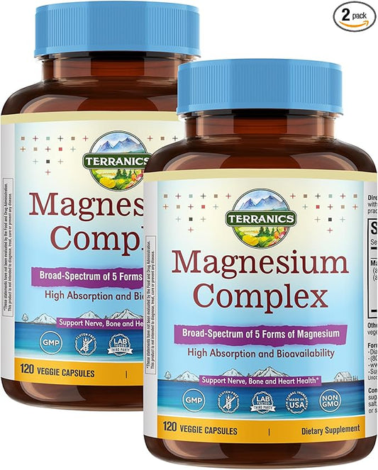 Terranics 5-in-1 Magnesium Complex Supplement 500mg - 5 Forms High Absorption Magnesium Glycinate Citrate Malate Aspartate Gluconate for Sleep Muscle Heart Health - Non-GMO 240 Vegan Capsules
