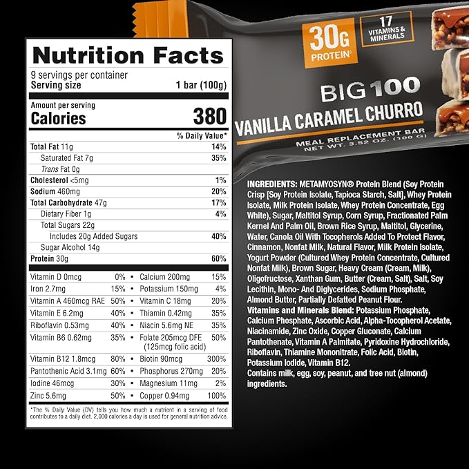 MET-Rx Big 100 Colossal Protein Bars, Vanilla Caramel Churro Meal Replacement Bars, Brown, 9 Count