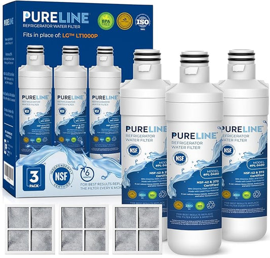 Pureline LT1000PC Refrigerator Water Filter Replacement for LG LT1000P, ADQ747935, MDJ64844601, Kenmore 46-9980 and LT120F Air Filter (3 Pack)