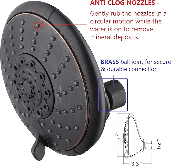 Anti-Clog High Pressure Large Oil Rubbed Bronze Dual Shower Head 5-inch 5-Settings Shower Head with Handheld Spray Combo + 5 Foot Stainless Steel Shower Hose w/ BRASS connectors