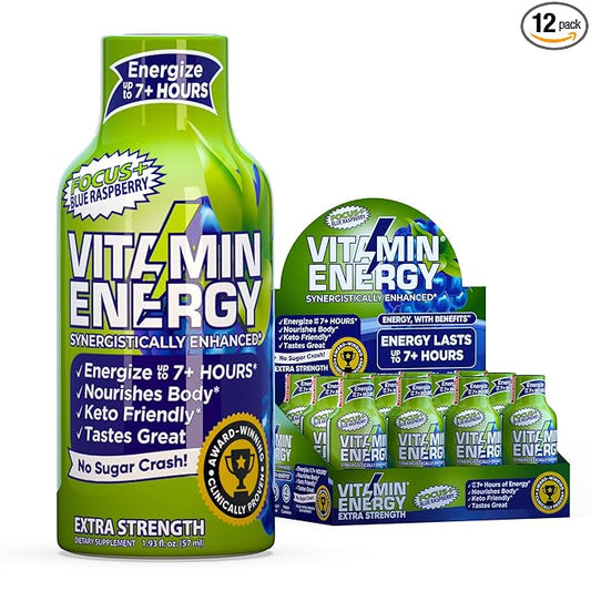 Vitamin Energy Focus+ Extra Strength Energy Shot Blue Raspberry 12 Pack, 260mg Natural Caffeine, B-Vitamins, CoQ10, Amino Acids, Focus, Productivity & Clarity, Zero Sugar, Gluten-Free, 1.93 fl oz