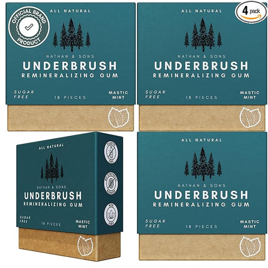 UnderBrush Mastic Mint Chewing Gum – Sugar-Free Xylitol Gum with Hydroxyapatite – No Gluten, Sugar, Aspartame and Sucralose - Tree Sap Chewing Base – 4 Pack