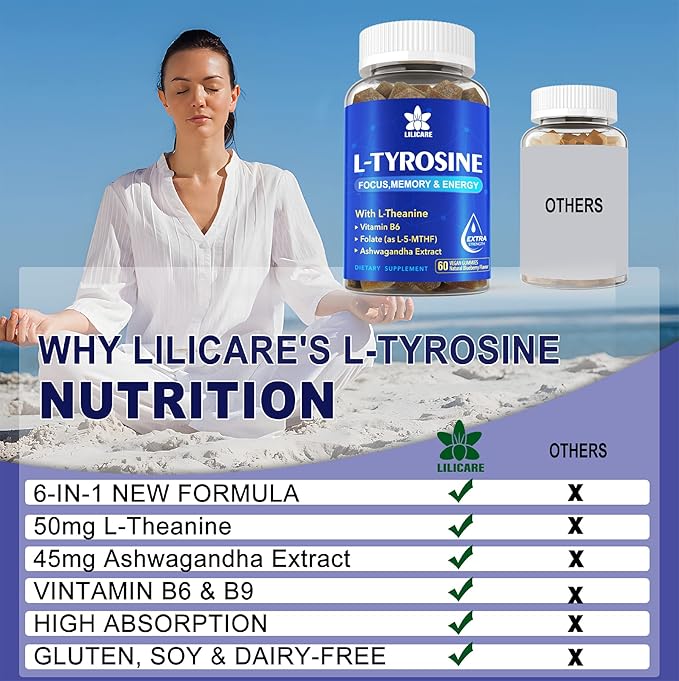 L-Tyrosine Gummies 1100mg with Ashwagandha for Men & Women, L Tyrosine Supplement and L-Theanine Calm & Focus Gummies Plus Vitamin B6, Folate, Copper for Brain, Mood, Energy - Vegan, Gluten-Free
