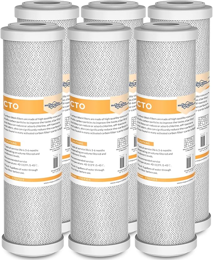 Membrane Solutions 5 Micron 2.5" x 10" CTO Carbon Block Water Filter Cartridge Replacement for Whole House Filtration Systems, Compatible with WFPFC8002, WFPFC9001, FXWTC, WHKF-WHWC, 6-Pack