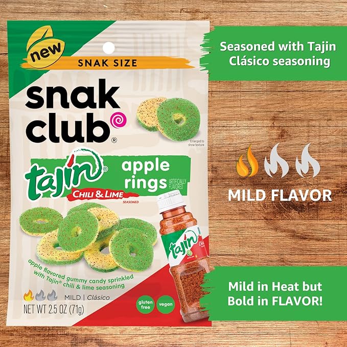 Snak Club Tajin Watermelon Rings, Chili & Lime Sweet Spicy Gummy Snacks, Mild in Heat Bold in Flavor, Gluten-Free Snack, 11oz Resealable Bag (Pack of 6)