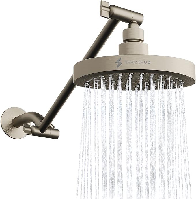 SparkPod Round Rain Shower Head with Extension Arm - Height Adjustable Shower Head with High Pressure Performance - Easy 1-Minute Installation (11" Arm Extension, Elegant Brushed Nickel)