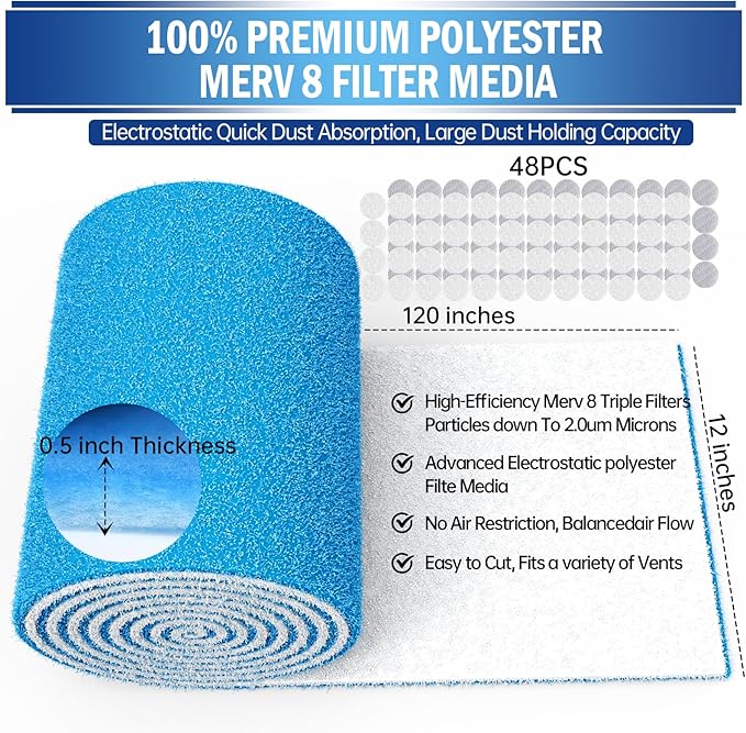 2 Rolls Air Vent Filters, 120" x 12" Cut to Size Air Filter (100+ Filters), MERV 8 Triple Vent Filter Kit for Floor Registers, Grilles, Ceiling, Wall HVAC Furnace Vents, With Adhesive Hook Tape