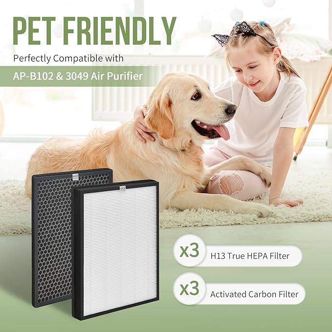 AP-B102 Replacement Filter Compatible with Alexapure Breeze Air Pu-rifier AP-B102 and 3049 Filter Set, 3 H13 True HEPA Filters and 3 Activated Carbon Filters Included