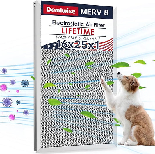 16x25x1 Electrostatic Air Filter, MERV 8 Reusable Aluminum AC/HVAC Furnace Filters, Washable Permanent Air Filter, Lasts a Lifetime, Easy to Clean (Actual Size:15.50x24.65x0.82)