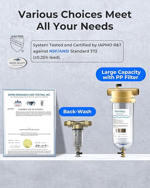 Waterdrop Spin Down Sediment Filter, Backwash Whole House Water Filter System for Well Water, 40-50 Micron, 1" MNPT + 3/4" FNPT + 3/4" MNPT, Traps Sand, BPA Free, WD-RPFK
