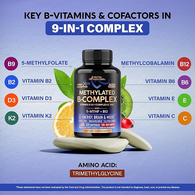 Vitamin B Complex Methylated - B-Complex with Methylfolate & B12 - Bioavailable for Men & Women - 9-in-1 Methylated Multivitamin - Energy, Brain & Mood - Vegan - Made in USA - 120 Capsules, One/Day