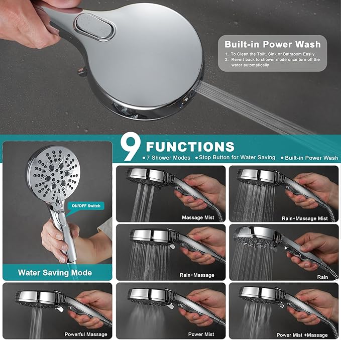 Dual Shower Head with Filter Combo,Stainless Steel 10in Rainfall Showerhead with 10in Height Adjustable Slide Bar&3-Way Diverter,Handheld Shower Head with On Off Switch&Adhesive Shower Holder