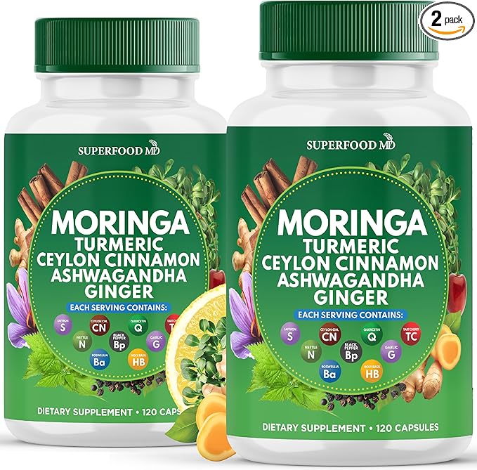 Moringa Supplement | Turmeric, Ginger, Boswellia, Saffron, Holy Basil, Nettle -Support Supplement for Women and Men with Ceylon Cinnamon, Quercetin, Tart Cherry- 240 Capsules