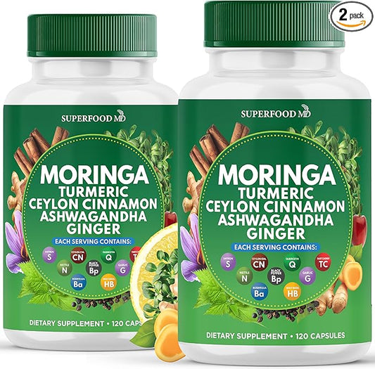 Moringa Supplement | Turmeric, Ginger, Boswellia, Saffron, Holy Basil, Nettle -Support Supplement for Women and Men with Ceylon Cinnamon, Quercetin, Tart Cherry- 240 Capsules