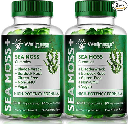 Sea Moss Gummies, 3200mg Irish Sea Moss Mixed Berry Flavor with Maximum Potency Bladderwrack and Burdock Root - Supports Skin, Energy and Immunity - 180 Count