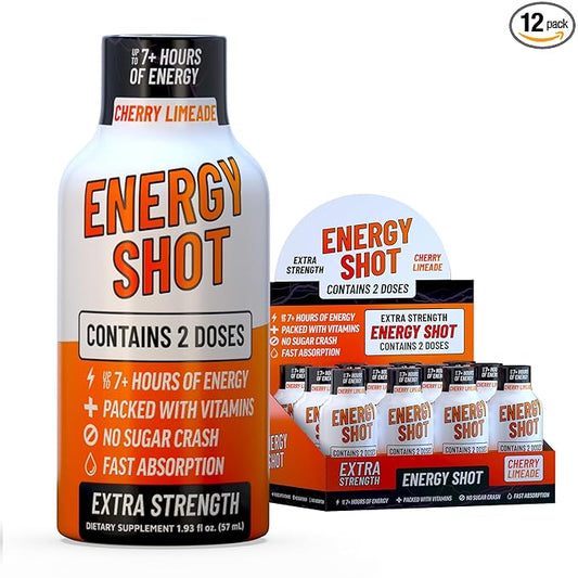Energy Shot – 2 Servings – 100% DV B-Vitamins & 130mg Plant-Based Caffeine – Zero Calories, Sugar-Free, Vegan, Non-GMO – Energy & Productivity Support (1.93 Fl Oz (Pack of 12), Cherry Limeade)