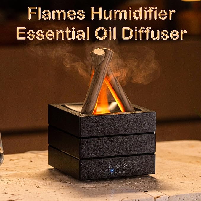 Flames Humidifier Essential Oil Diffuser, Bonfire Essential Oil Scent Diffuser Humidifier, Small USB Desktop Humidifiers with 7 Colors, Campfire Aromatherapy Diffusers for Home & Office (Wooden)