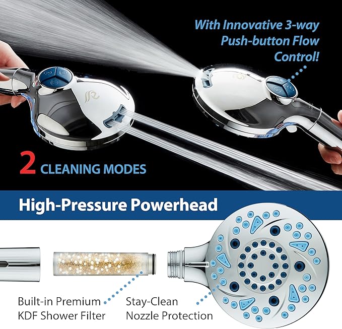 AquaCare High Pressure 6-way Dual Shower Head Combo with Built-in Filter & Power Wash - Clean Tub, Tile & Pets. Remove Chlorine, Lead & Toxins from Water to Protect Skin, Hair, & Nails. Chrome Finish