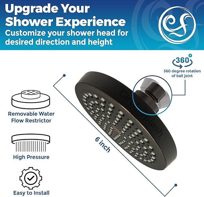 High Pressure Shower Head - Anti-Clogging Silicone Nozzles - 2.5 GPM Removable Restrictor - Easy Clean Adjustable Replacement - easy to install with Plumbers Tape - 6 inch - Oil Rubbed Bronze Finish