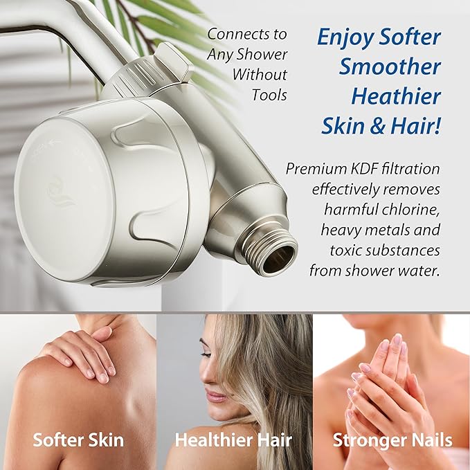 AquaCare Skin & Hair - World's Most Advanced Shower Filter for Fixed or Handheld Shower Heads with ON/OFF Filtration Modes, Instant Cartridge Reload & Stay-Clean Enriched KDF Cartridge/Satin Nickel