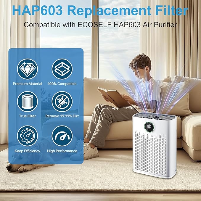 2 Pack HAP603 Replacement Filter Compatible with ECOSELF HAP603WF & HAP603 Air Purifi-er, H13 True Filter with Activated Carbon Replacement Filte