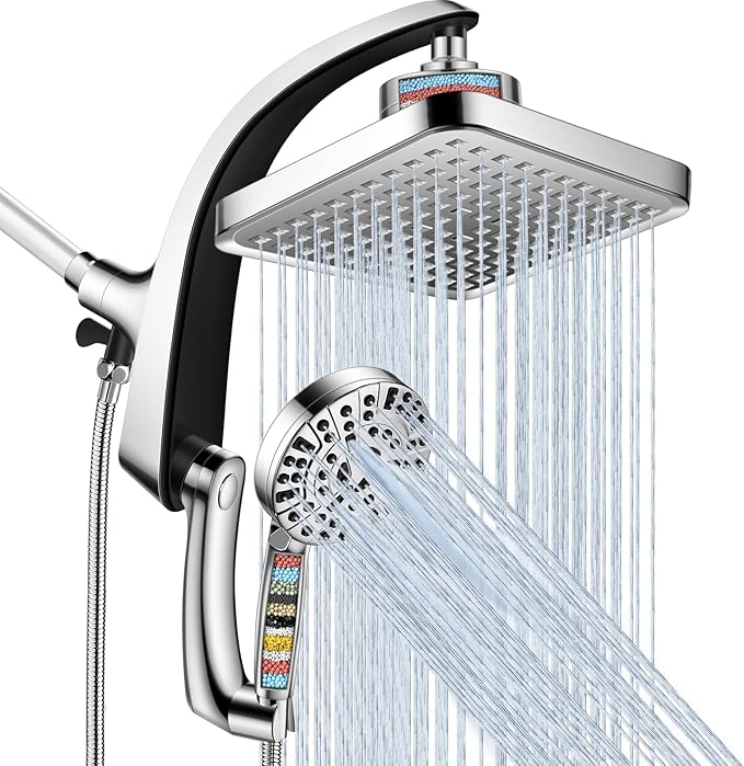 Filtered Shower Head with Handheld,2-IN-1 High Pressure Rain Shower Heads with 10-Setting Handheld Spray Combo,Water Softener Filters Beads for Hard Water - Remove Chlorine - Reduces Dry