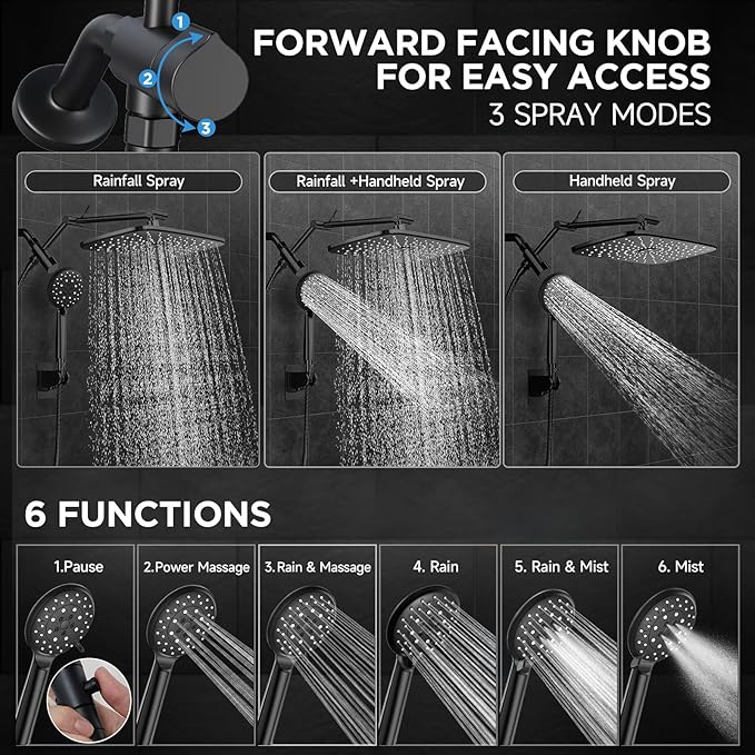 Veken 11.8'' Rain Black Shower Head with Handheld Spray Combo, Extension Arm for Rainfall showerhead, Muti-modes Massage High Pressure Hand Held Shower Heads with Hose, Anti-Clog Nozzles & Bathroom