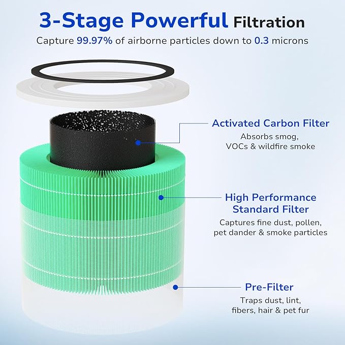 Fil-fresh Core 300 Replacement Filter, Compatible with LEVOIT 300 and Core 300S Air Purifier, Smoke Removal, H13 True HEPA Filters and Activated Carbon, Replace Core 300-RF-TX, 2-Pack
