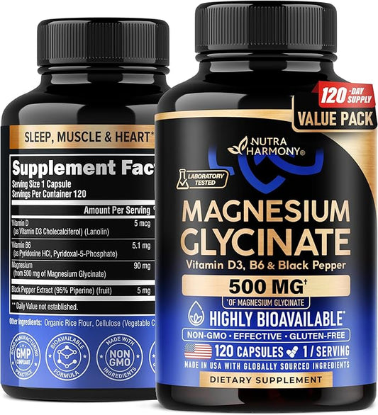 Magnesium Glycinate 500 mg - Chelated Supplement - 98% High Absorption - Support for Sleep, Muscle & Heart Health - Made in USA, Lab Tested & Non-GMO - 120 Capsules
