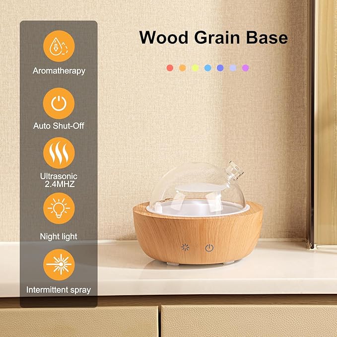 Glass Essential Oil Diffusers for Home, Wood Grain Base Humidifier, Decorative Bedroom Aromatherapy Scent Air Diffuser Ultrasonic Aroma Defusers 200ml