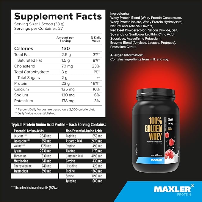 Maxler 100% Golden Whey Protein - 23g of Protein per Serving - Premium Whey Protein Powder for Pre Post Workout - Fast-Absorbing Whey Concentrate, Isolate & Hydrolysate Blend - Strawberry Cream 2 lb