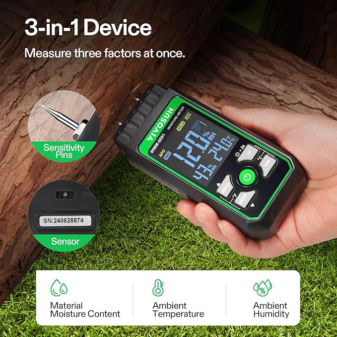 VIVOSUN Wood Moisture Meter, 3-In-1 Pin-Type Digital Moisture Tester, Ambient Temp & Humidity Tester, 7 Modes, Color Backlit Screen, for Wood, Walls, Bricks, Dried Flowers
