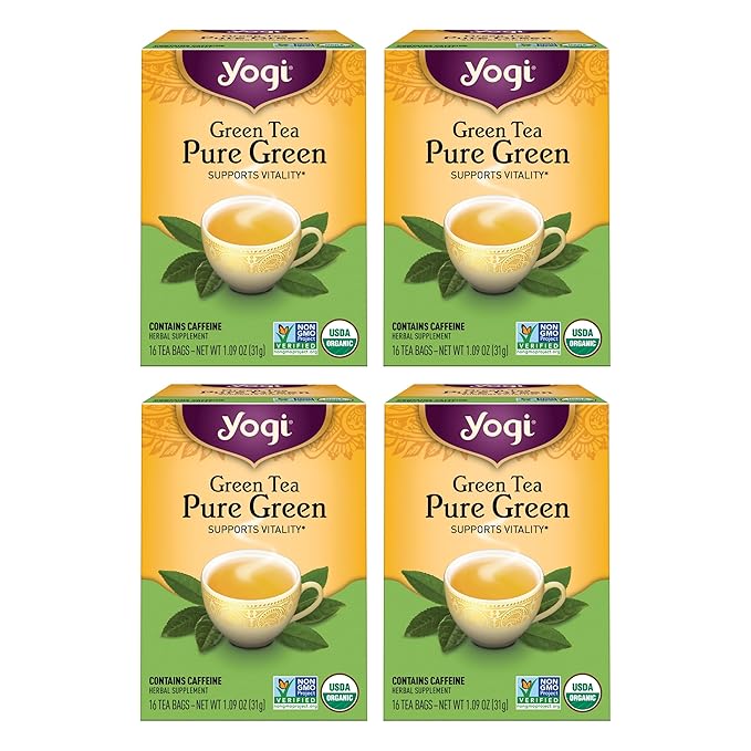 Yogi Tea Pure Green Tea - 16 Bags per Pack (4 Packs) - Organic - Supports Overall Health & Provides Antioxidants