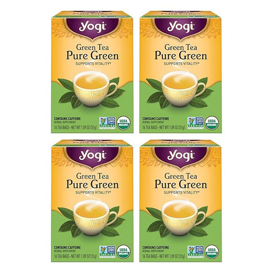 Yogi Tea Pure Green Tea - 16 Bags per Pack (4 Packs) - Organic - Supports Overall Health & Provides Antioxidants