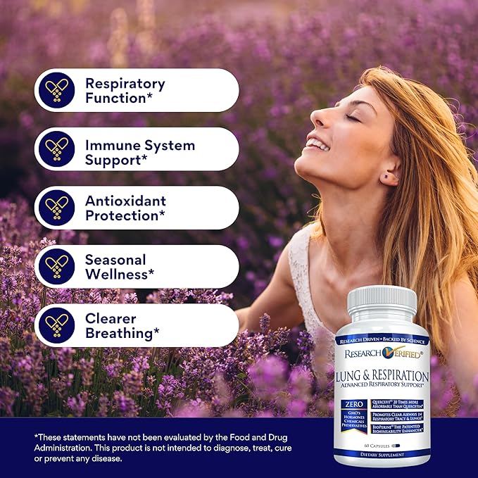 Research Verified Lung and Respiration - Seasonal Allergy and Sinus Support - Vitamin A, C & D, Quercetin, Nettle Leaf Extract - 60 Capsules - Made in The USA