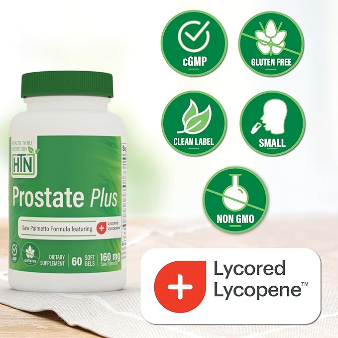 Health Thru Nutrition Prostate Plus with Saw Palmetto Extract, Lycopene as Lycored, Plant Sterols, Selenium, Zinc and Pumpkin Seed | Complete Prostate Support | Non-GMO & Gluten Free (Pack of 60)