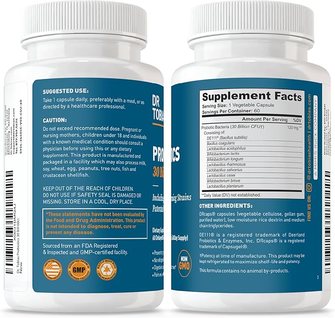 Dr. Tobias Probiotics 30 Billion, 10 Strains, 30 Billion CFU's, Targeted Release Probiotics for Women & Men, Supports Digestive Health, Shelf-Stable, Non-GMO, 60 Capsules, 60 Servings