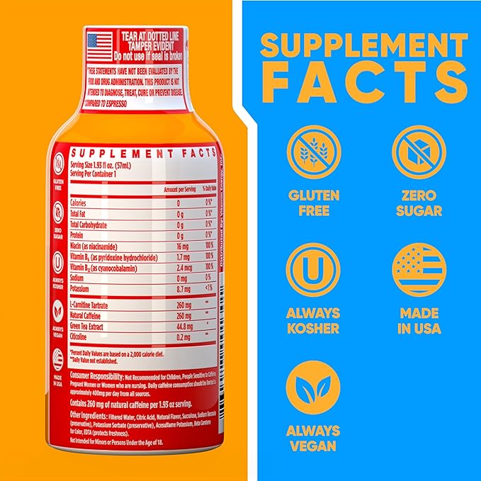 Vitamin Energy Immune+ Extra Strength Energy Shot Orange Burst 24 Pack, 260mg Natural Caffeine, B-Vitamins, Citicoline, Green Tea, Immunity & Focus Support, Zero Sugar, Gluten-Free 1.93 fl oz