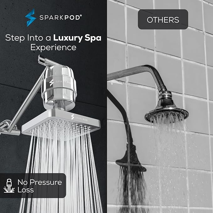 SparkPod 6" High Pressure Rain Shower Head with 23 Stage Filter Capsule & 11 Inch Adjustable Shower Arm Extension -Shower Filter Reduces Chlorine for Smoother Hair & Skin (Square, Polished Chrome)