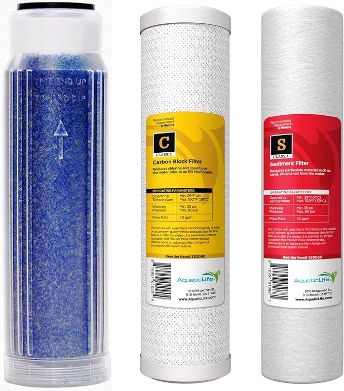CFS – Reverse Osmosis Deionization 10" Replacement Filter Kit Includes Sediment, Carbon, Color Indicating DI Cartridges Compatible with Aquatic Life – Removes Bad Taste (Filter Kit)